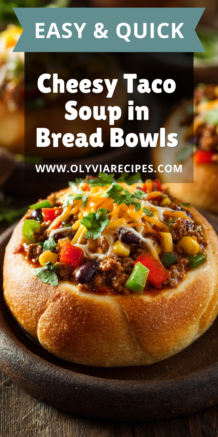 Cheesy Taco Soup in Bread Bowls served warm with cozy spices