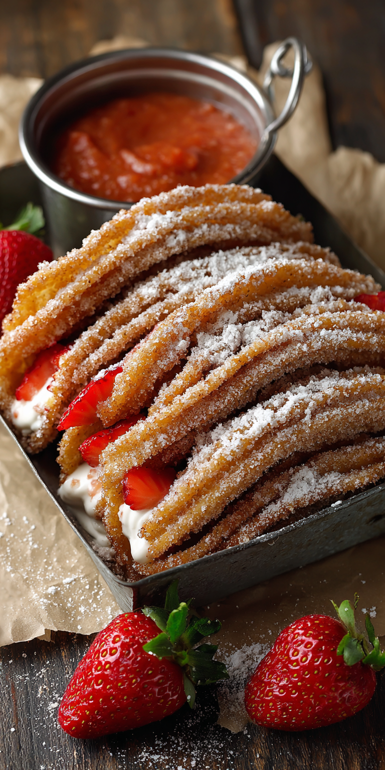 Churro Cheesecake Tacos with Strawberry Dip served warm with cozy spices