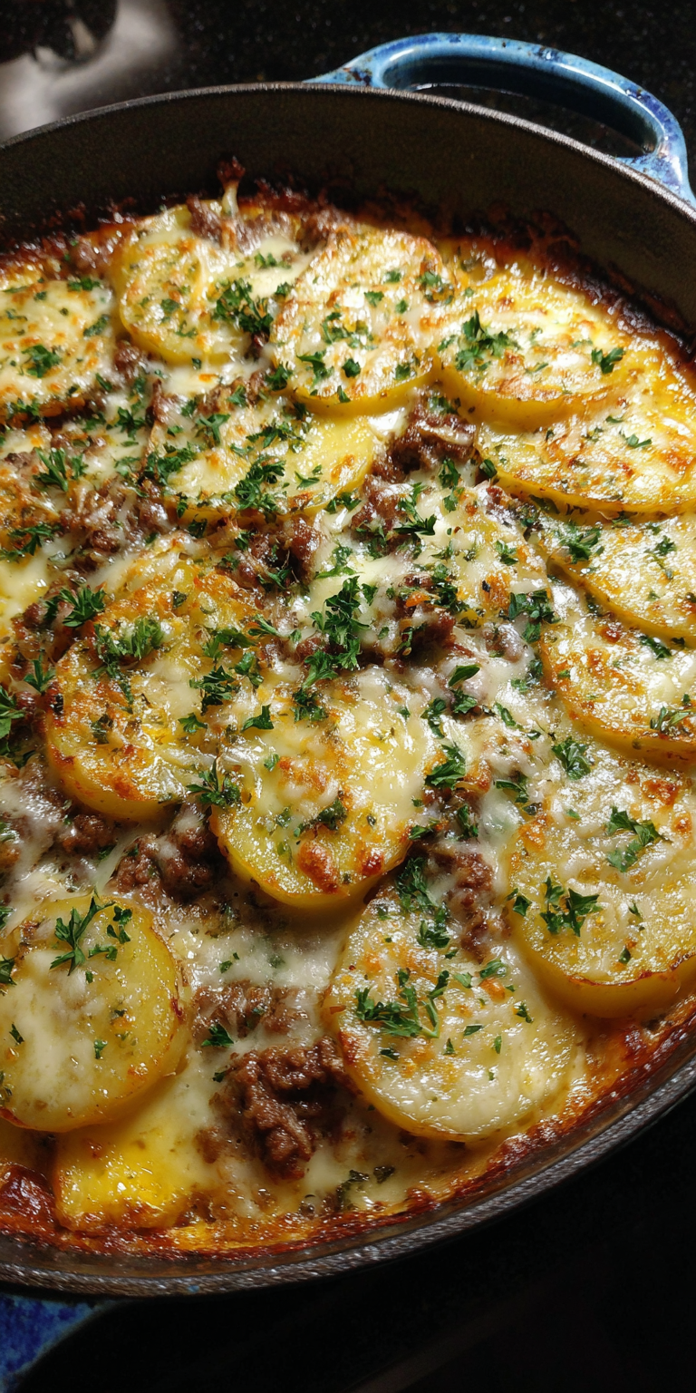 Cozy Rustic Ground Beef & Potato Gratin served warm with cozy spices