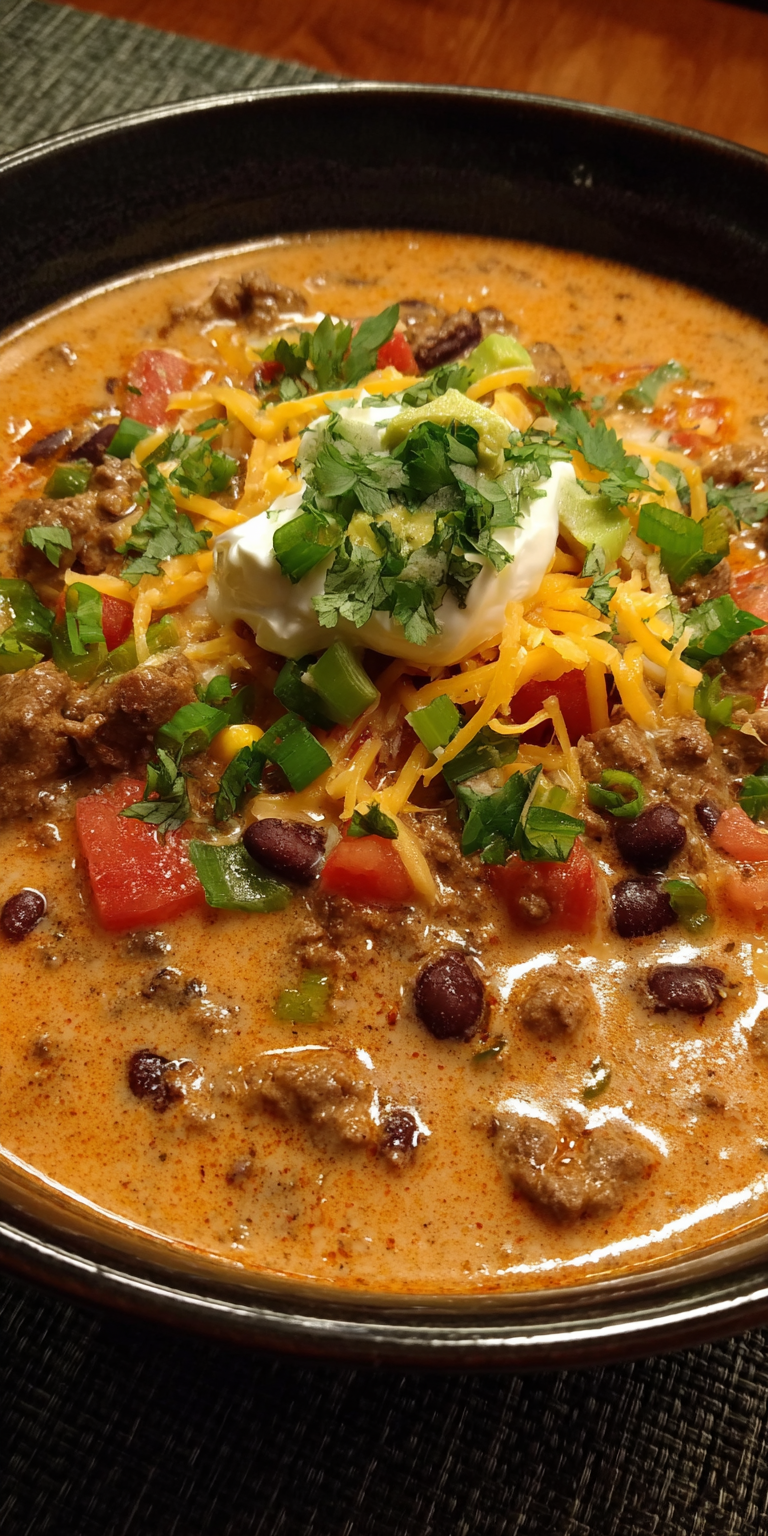 Creamy Beef Taco Soup: Your New Go-To Comfort Meal served warm with cozy spices
