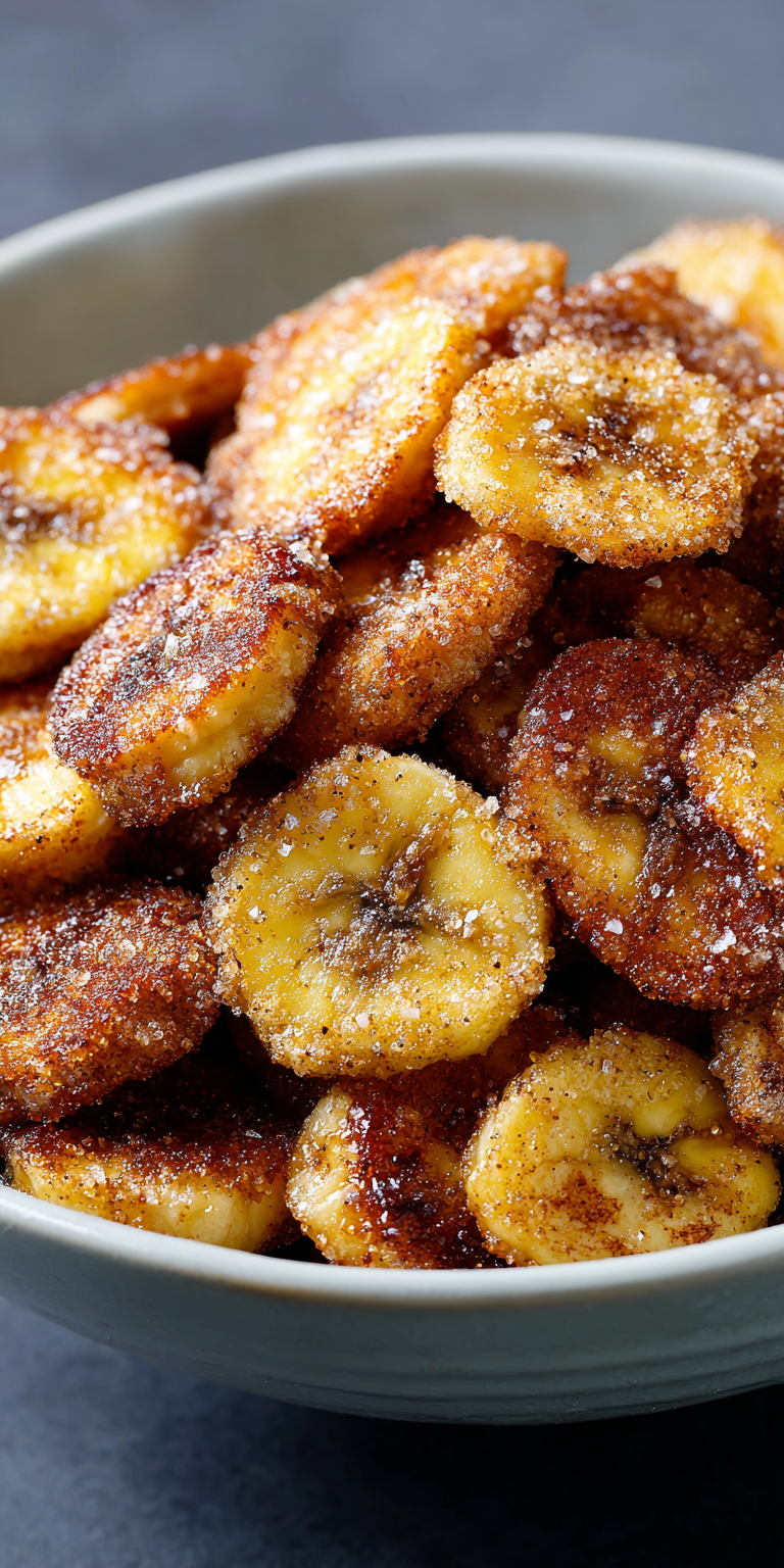 Crispy Cinnamon Sugar Banana Chips in the Air Fryer served warm with cozy spices