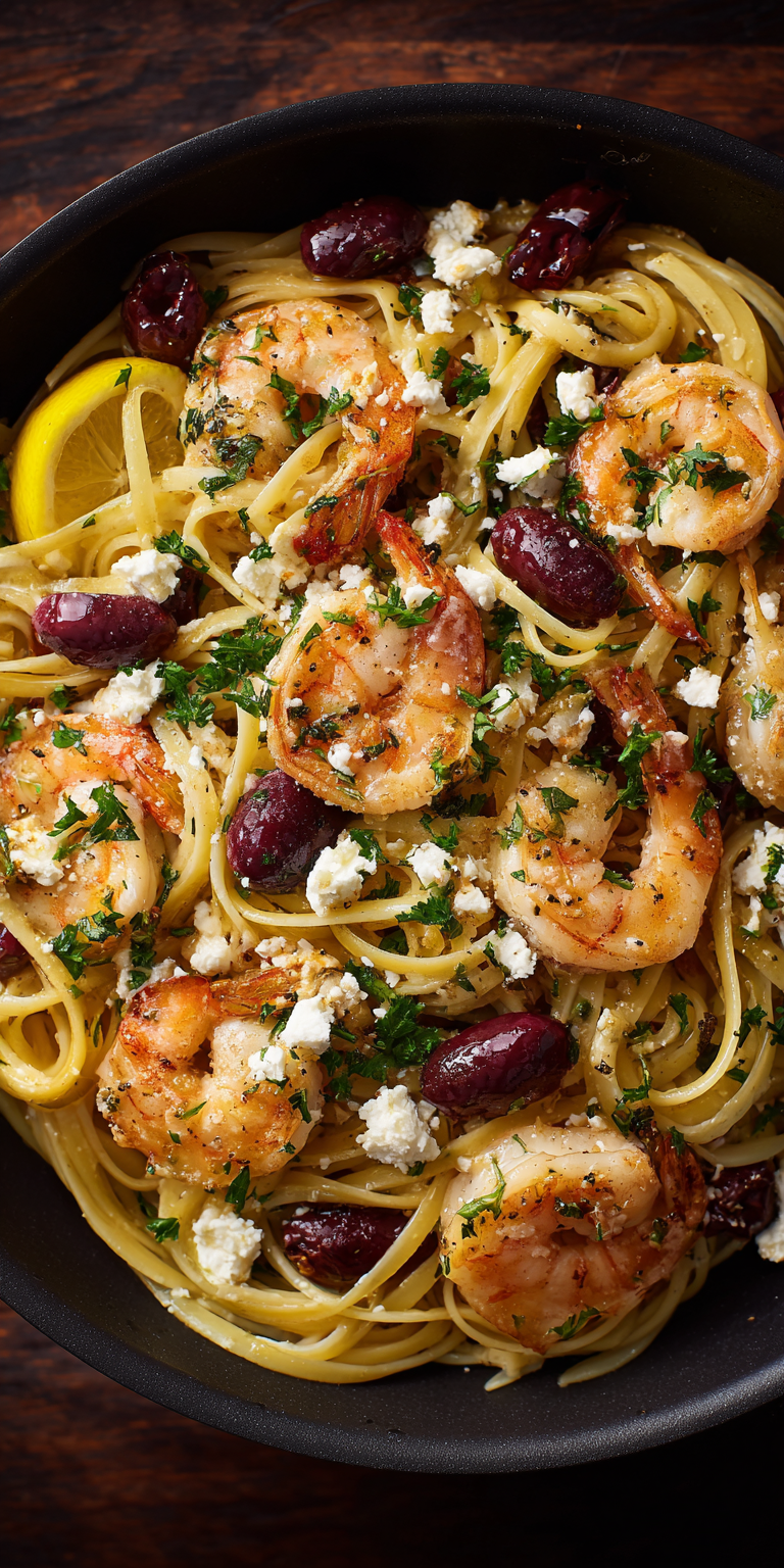 Greek Shrimp Scampi with Feta & Olives | Easy Mediterranean Dinner served warm with cozy spices