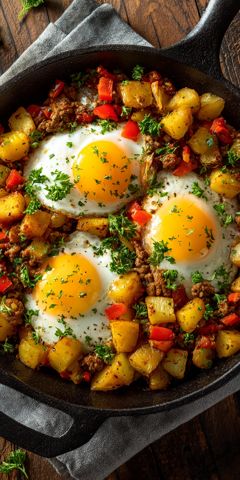 Ground Beef & Potato Breakfast Hash served warm with cozy spices