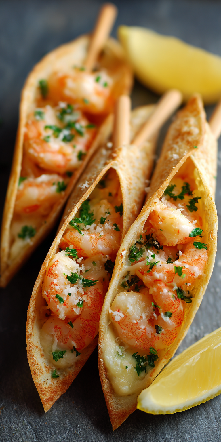Mini Shrimp Scampi Quesadilla Cones served warm with cozy spices