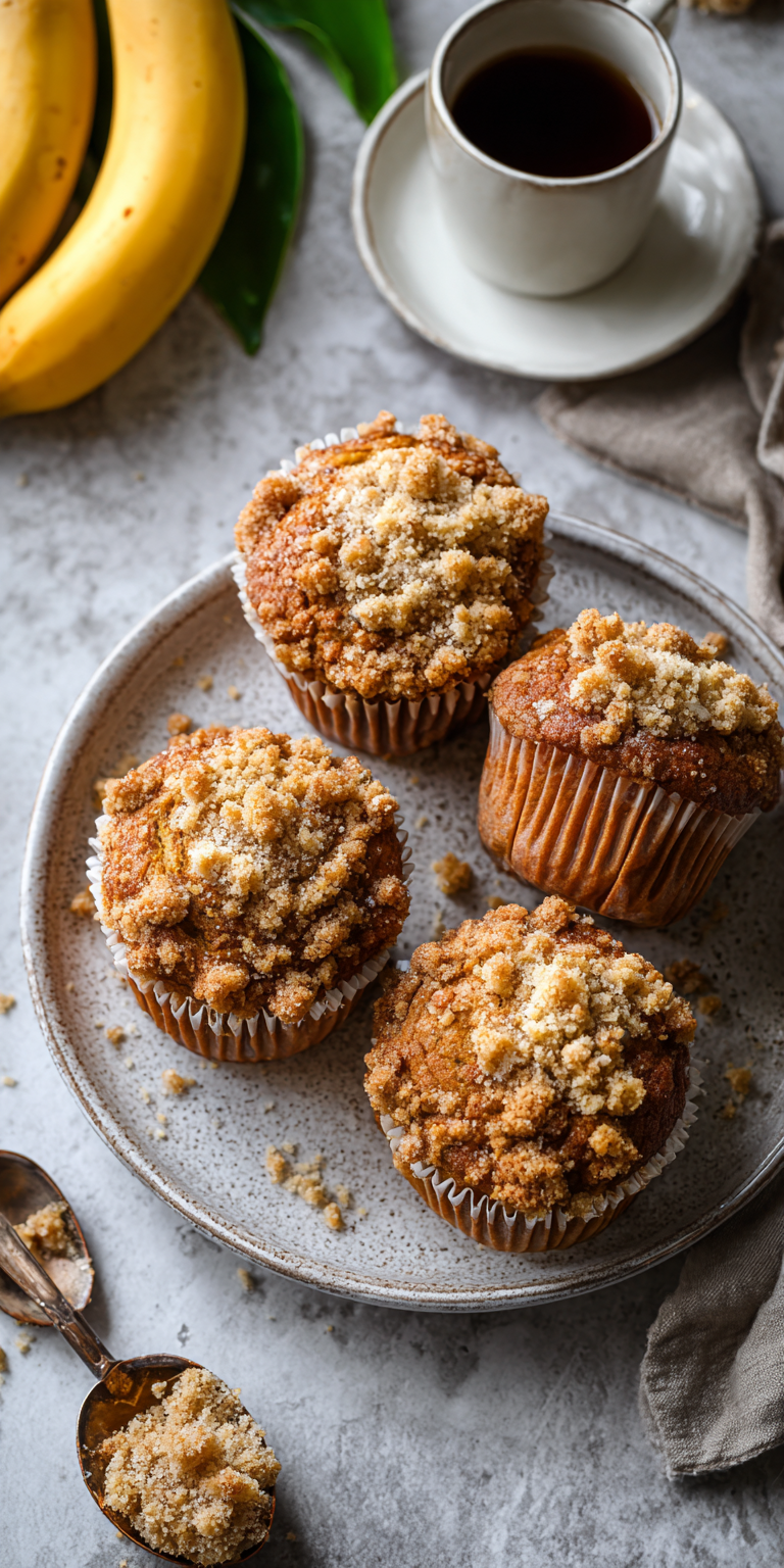 Moist Banana Muffins with Irresistible Streusel Topping served warm with cozy spices