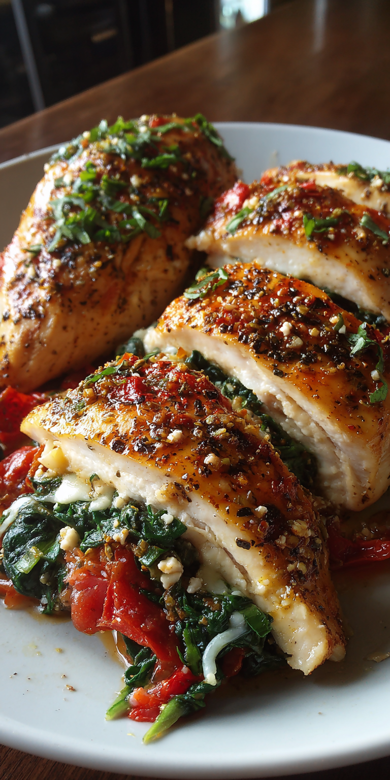 Pizza Stuffed Chicken Mediterranean Style served warm with cozy spices