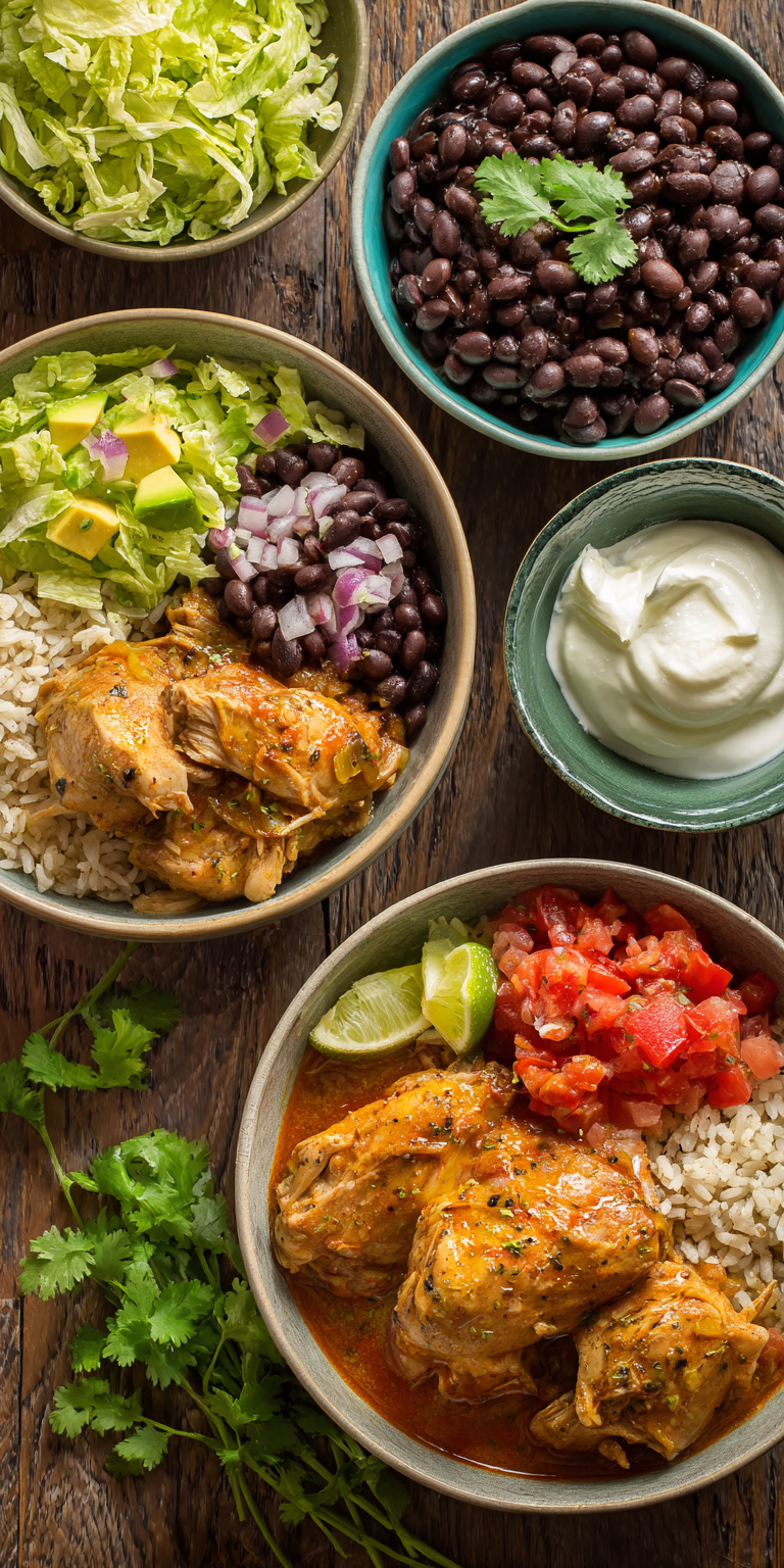 Slow Cooker Green Chile Chicken Burrito Bowls served warm with cozy spices