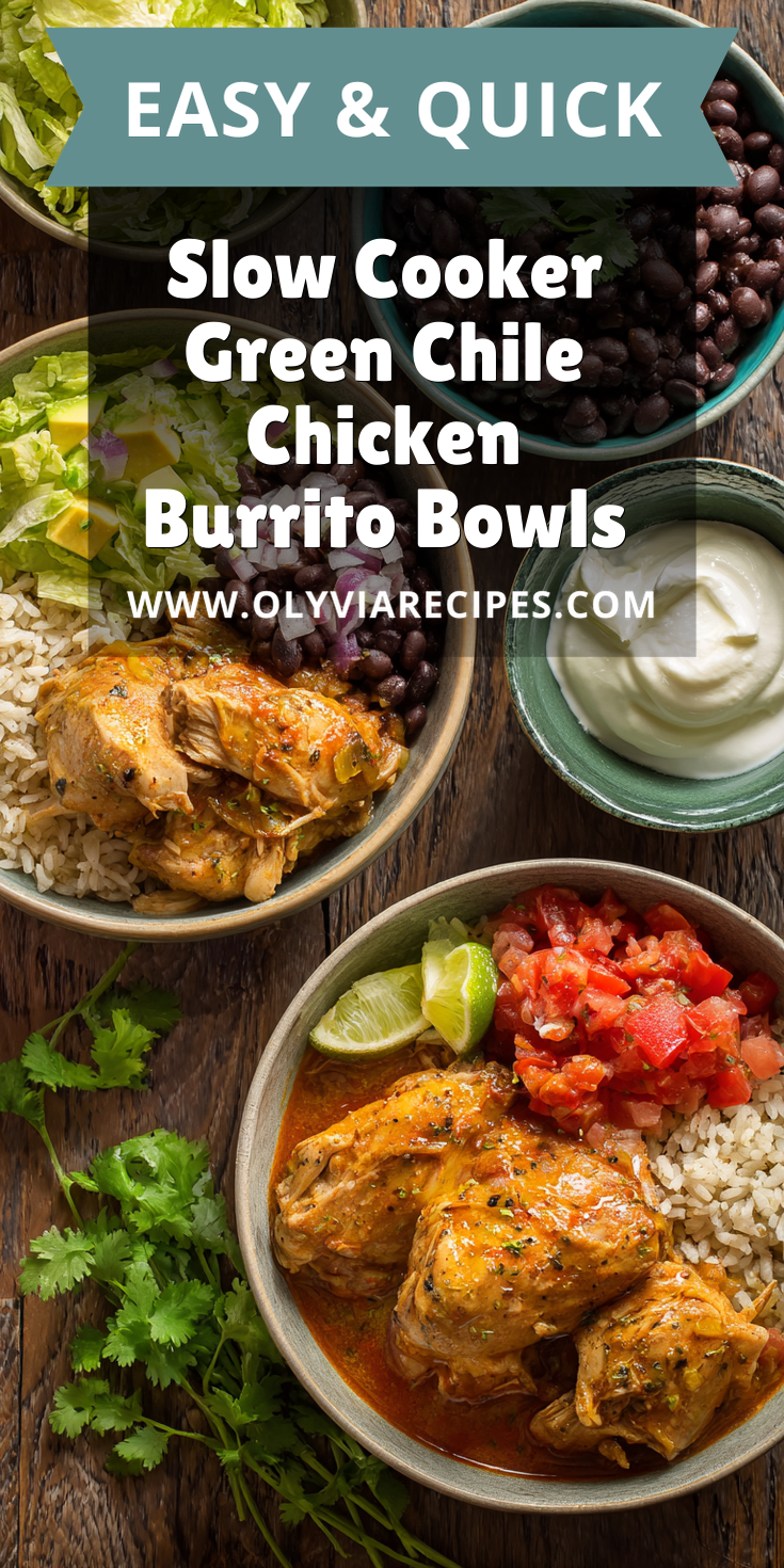 Slow Cooker Green Chile Chicken Burrito Bowls served warm with cozy spices