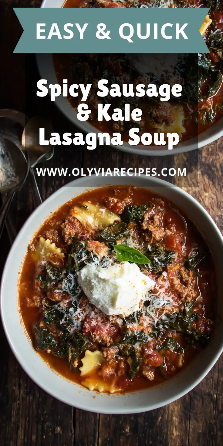 Spicy Sausage & Kale Lasagna Soup served warm with cozy spices