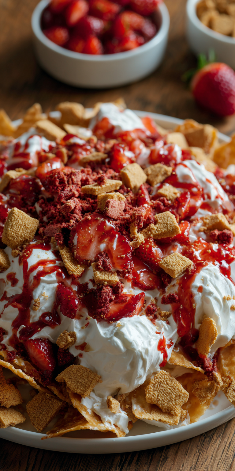Strawberry Crunch Cheesecake Nachos served warm with cozy spices