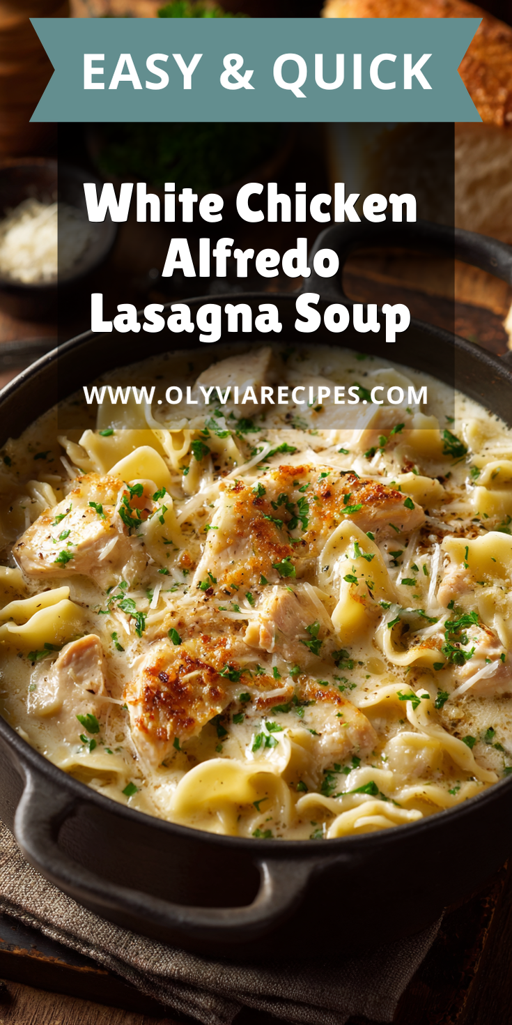 White Chicken Alfredo Lasagna Soup served warm with cozy spices