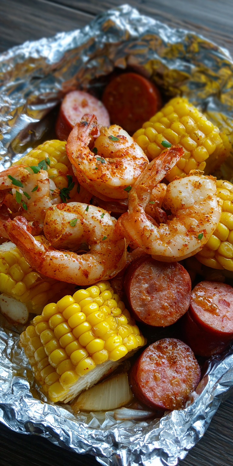 Cajun Spiced Foil Packet Shrimp with Corn & Sausage served warm with cozy spices