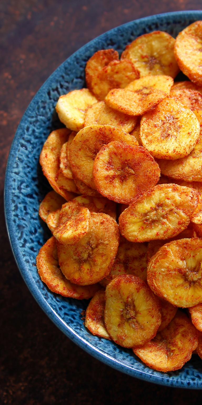 Chili Lime Spiced Air Fryer Banana Chips served warm with cozy spices