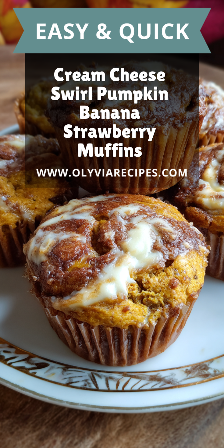 Cream Cheese Swirl Pumpkin Banana Strawberry Muffins served warm with cozy spices