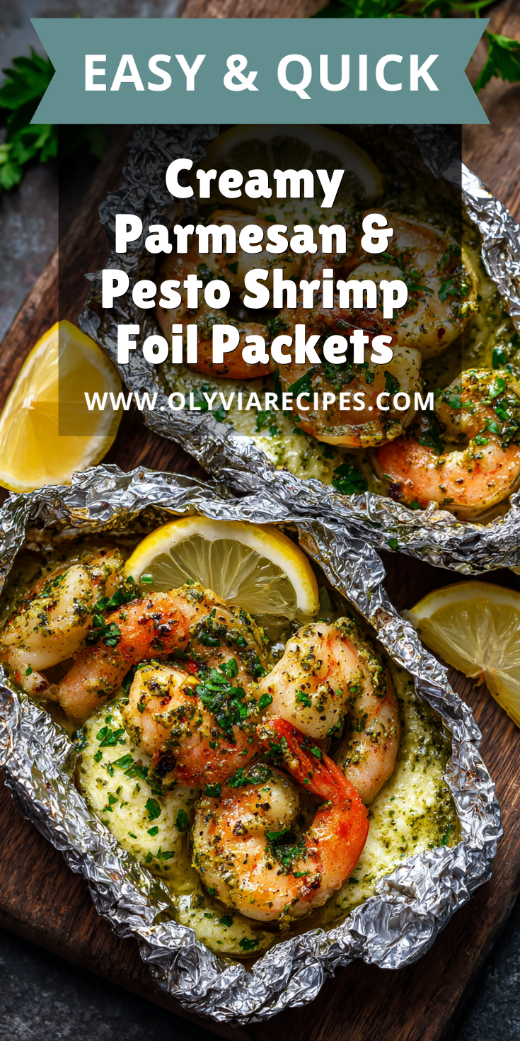 Creamy Parmesan & Pesto Shrimp Foil Packets served warm with cozy spices
