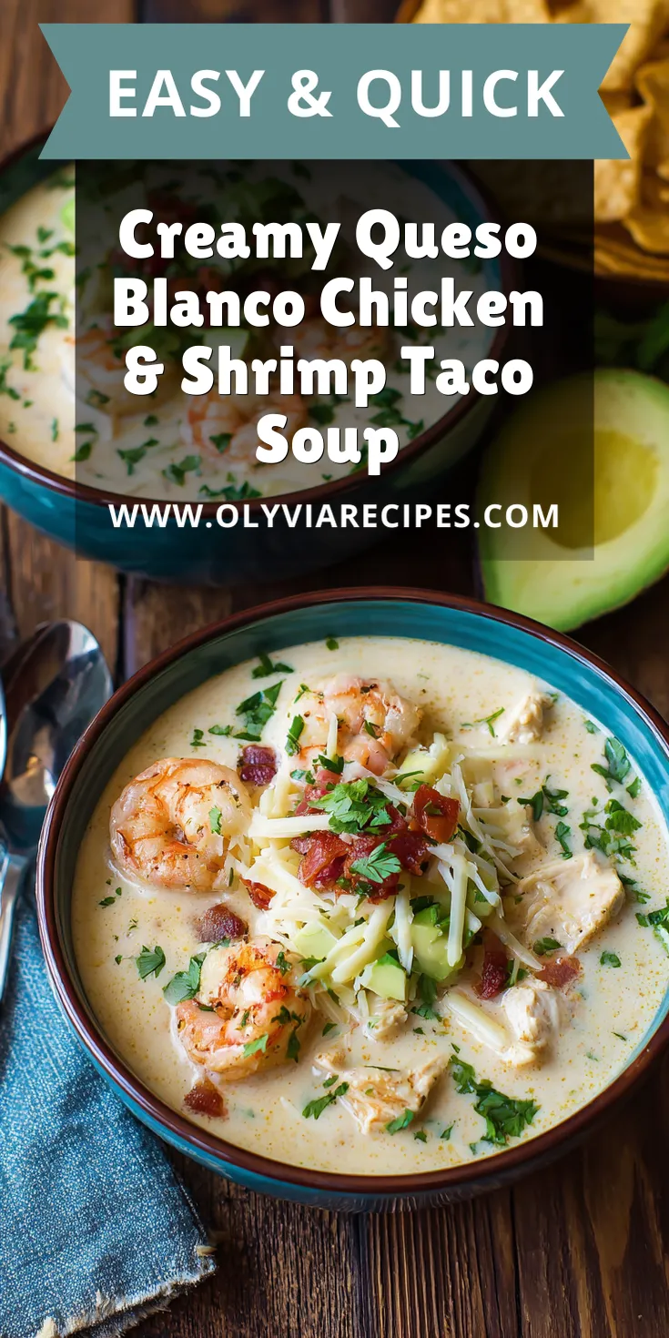 Creamy Queso Blanco Chicken & Shrimp Taco Soup served warm with cozy spices