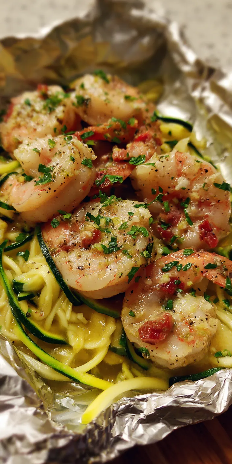 Keto Garlic Butter Shrimp Packets with Zucchini Noodles served warm with cozy spices