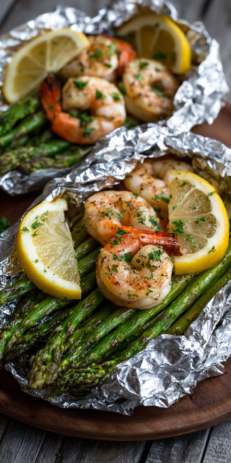 Lemon Garlic Butter Shrimp Packets with Asparagus served warm with cozy spices