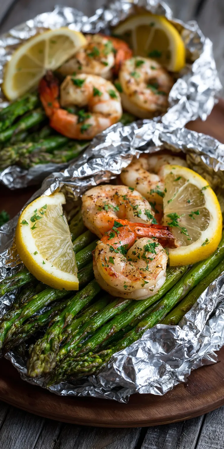 Lemon Garlic Butter Shrimp Packets with Asparagus served warm with cozy spices