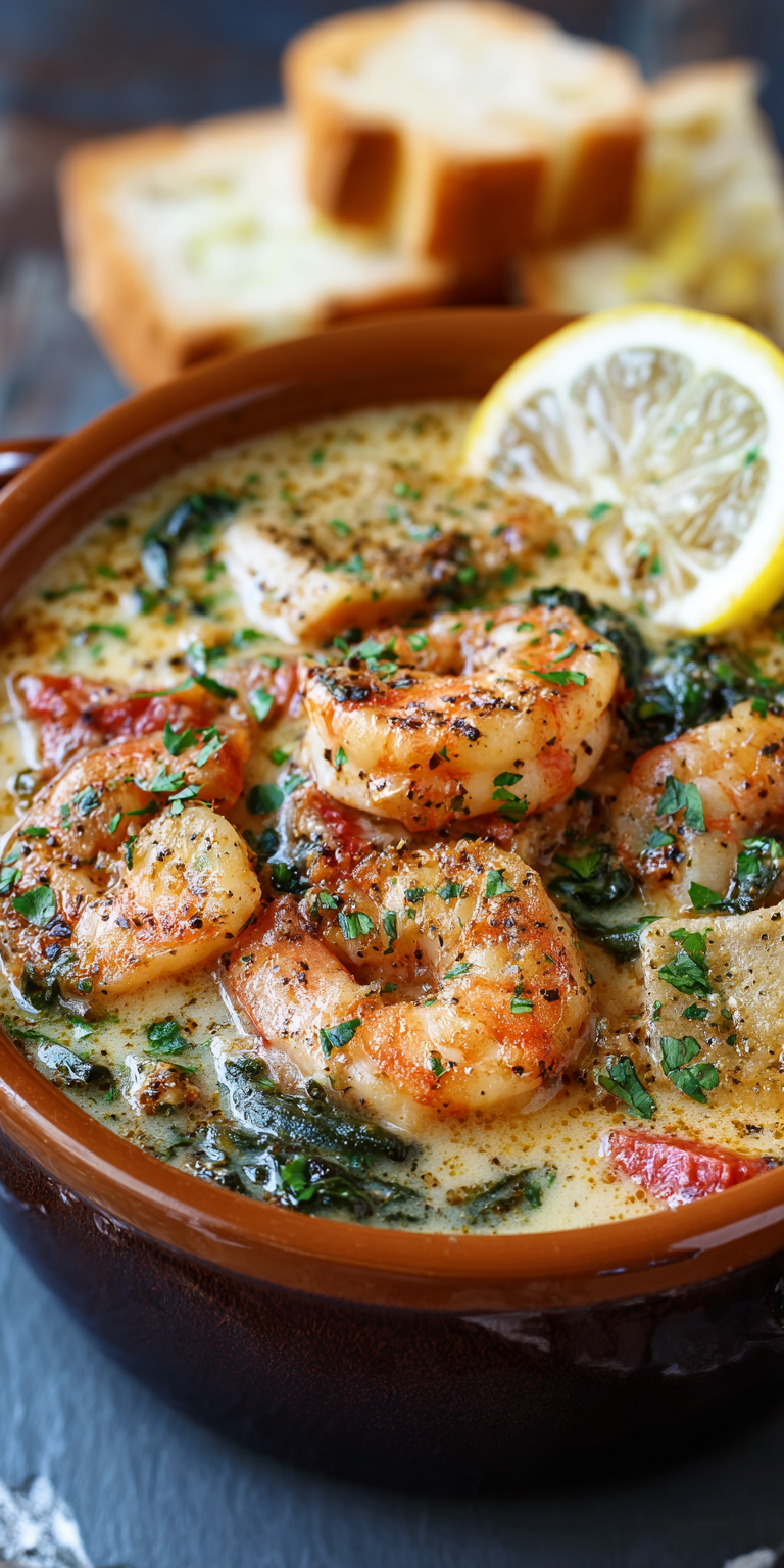 Lemon Ricotta & Spinach Shrimp Lasagna Soup served warm with cozy spices