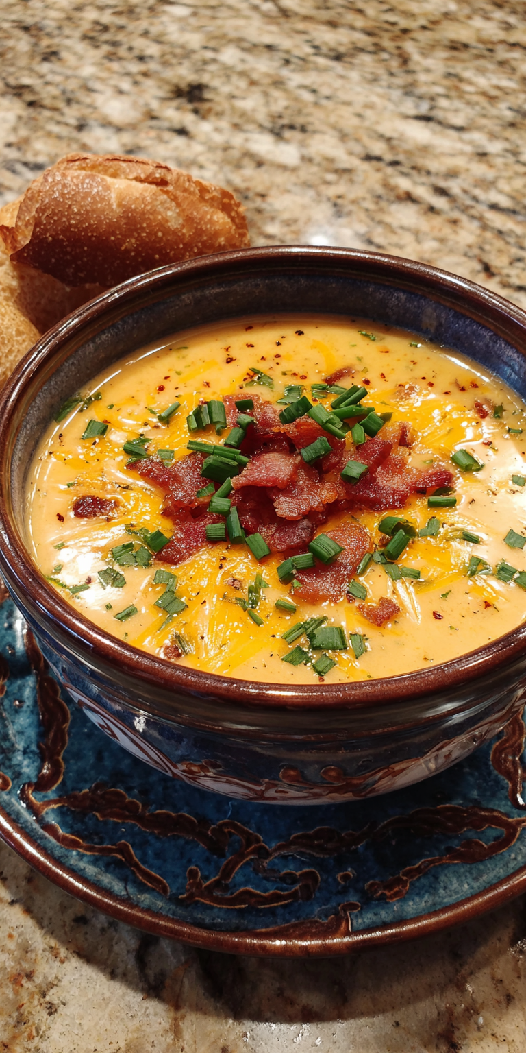 Loaded Cheesy Bacon Cajun Potato Soup served warm with cozy spices