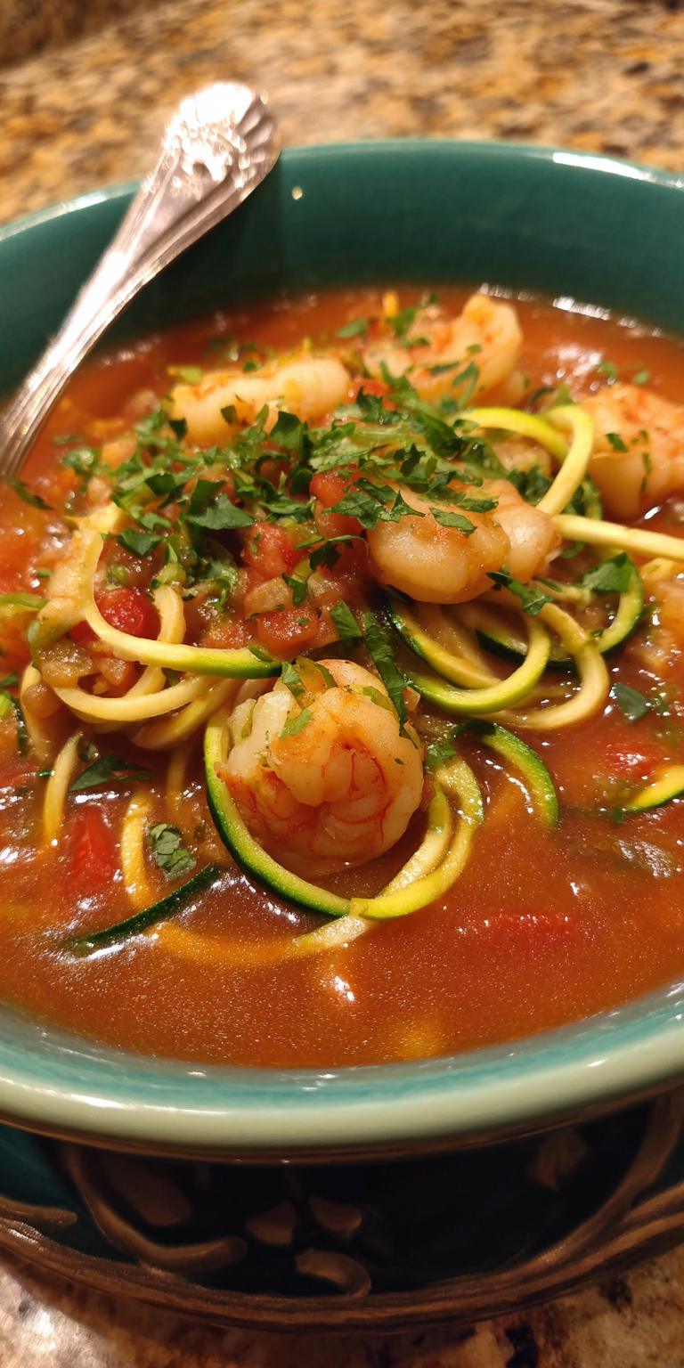 Low-Carb Zucchini Noodle Shrimp Lasagna Soup served warm with cozy spices