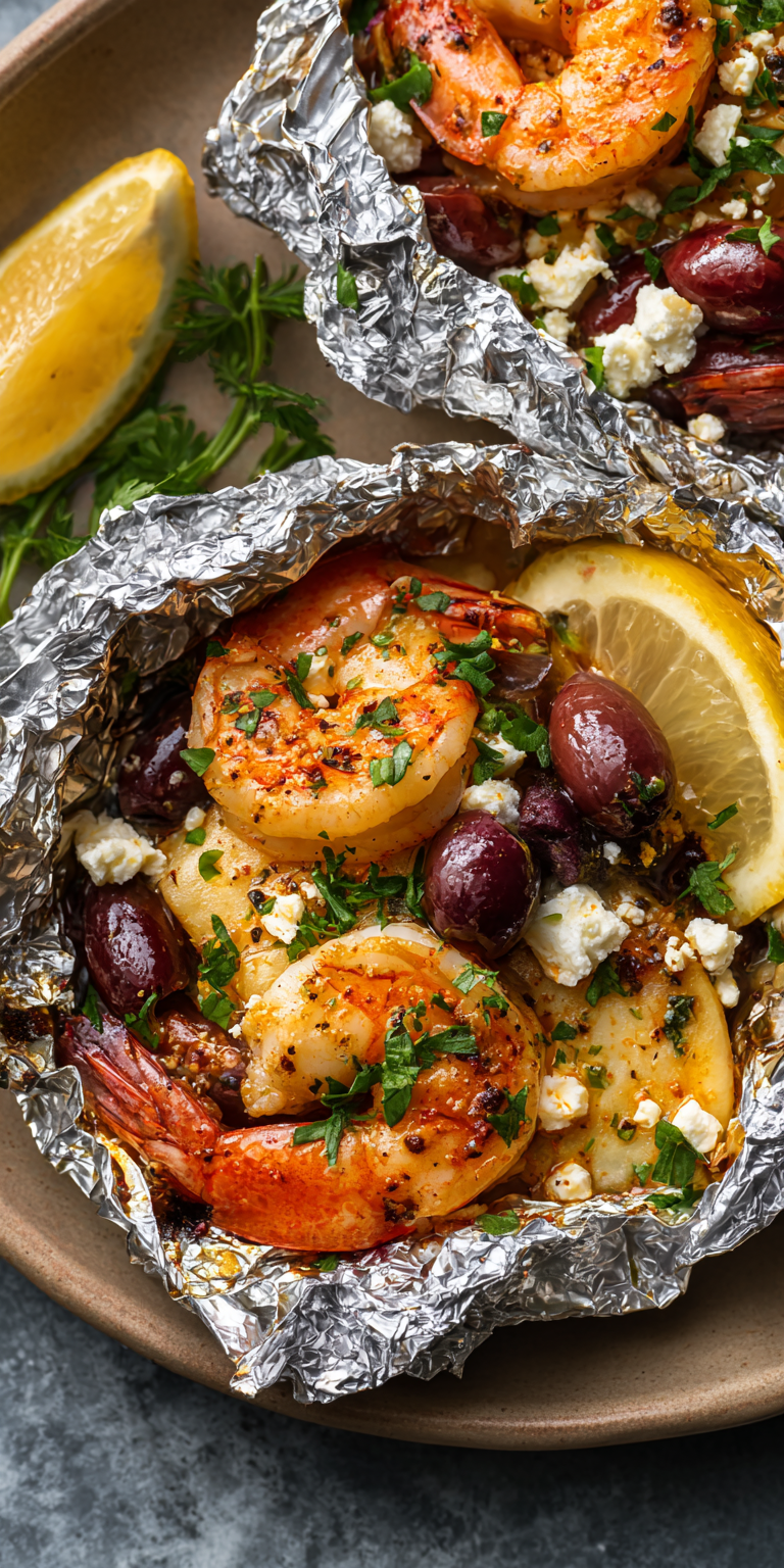 Mediterranean Shrimp Packets with Olives & Feta served warm with cozy spices