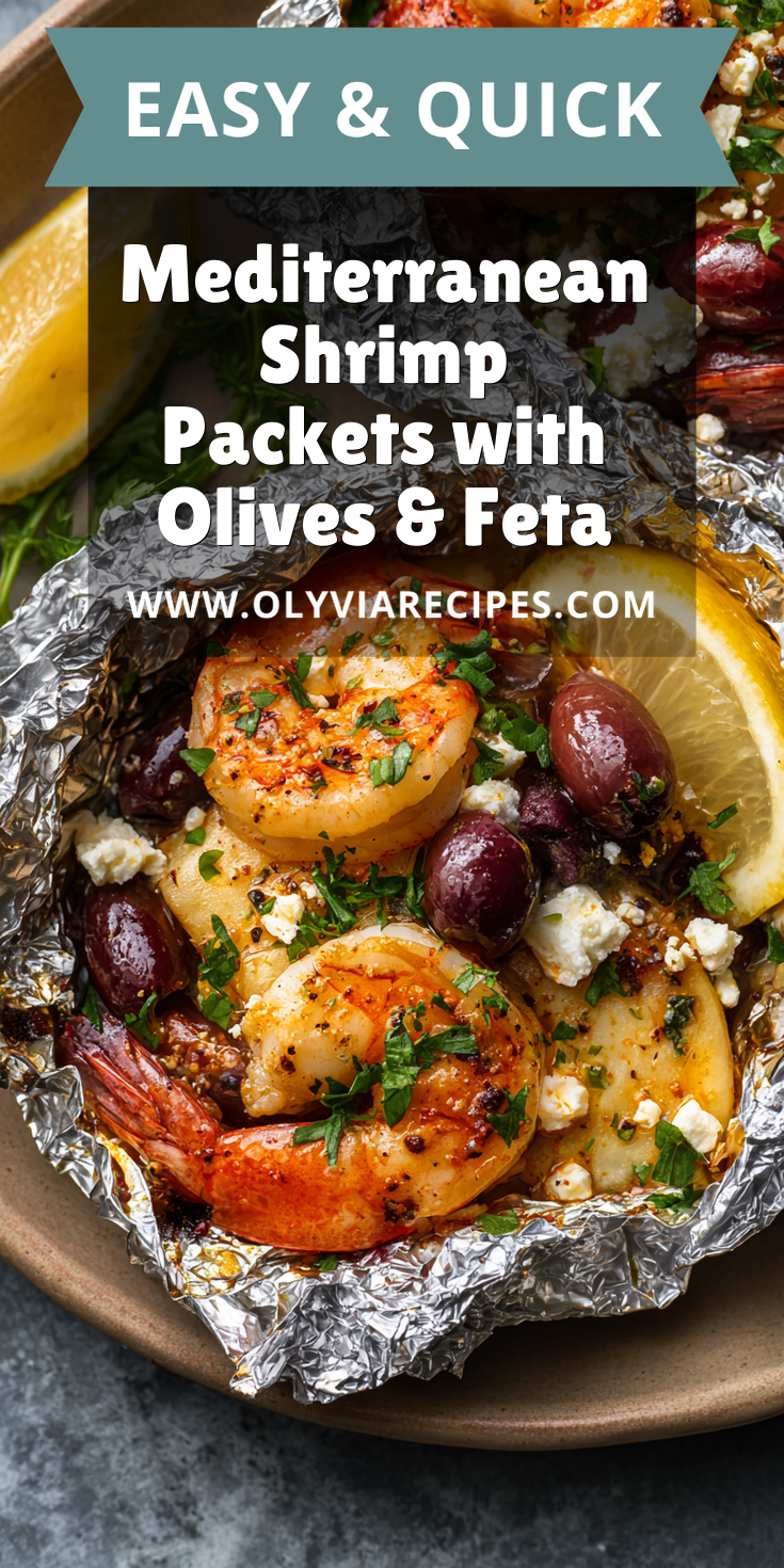 Mediterranean Shrimp Packets with Olives & Feta served warm with cozy spices