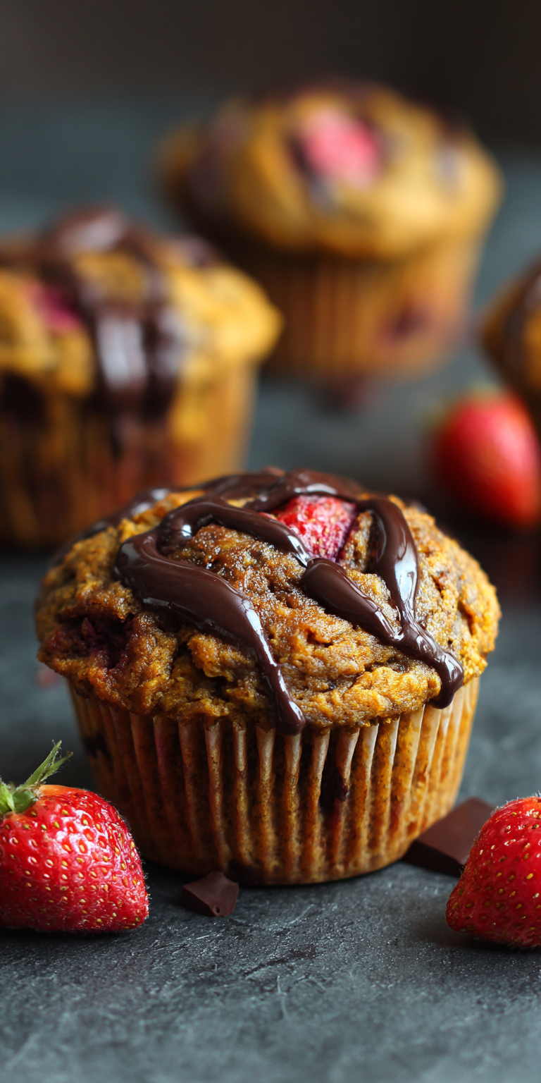 Pumpkin Banana Muffins with Strawberry & Dark Chocolate Chunks served warm with cozy spices