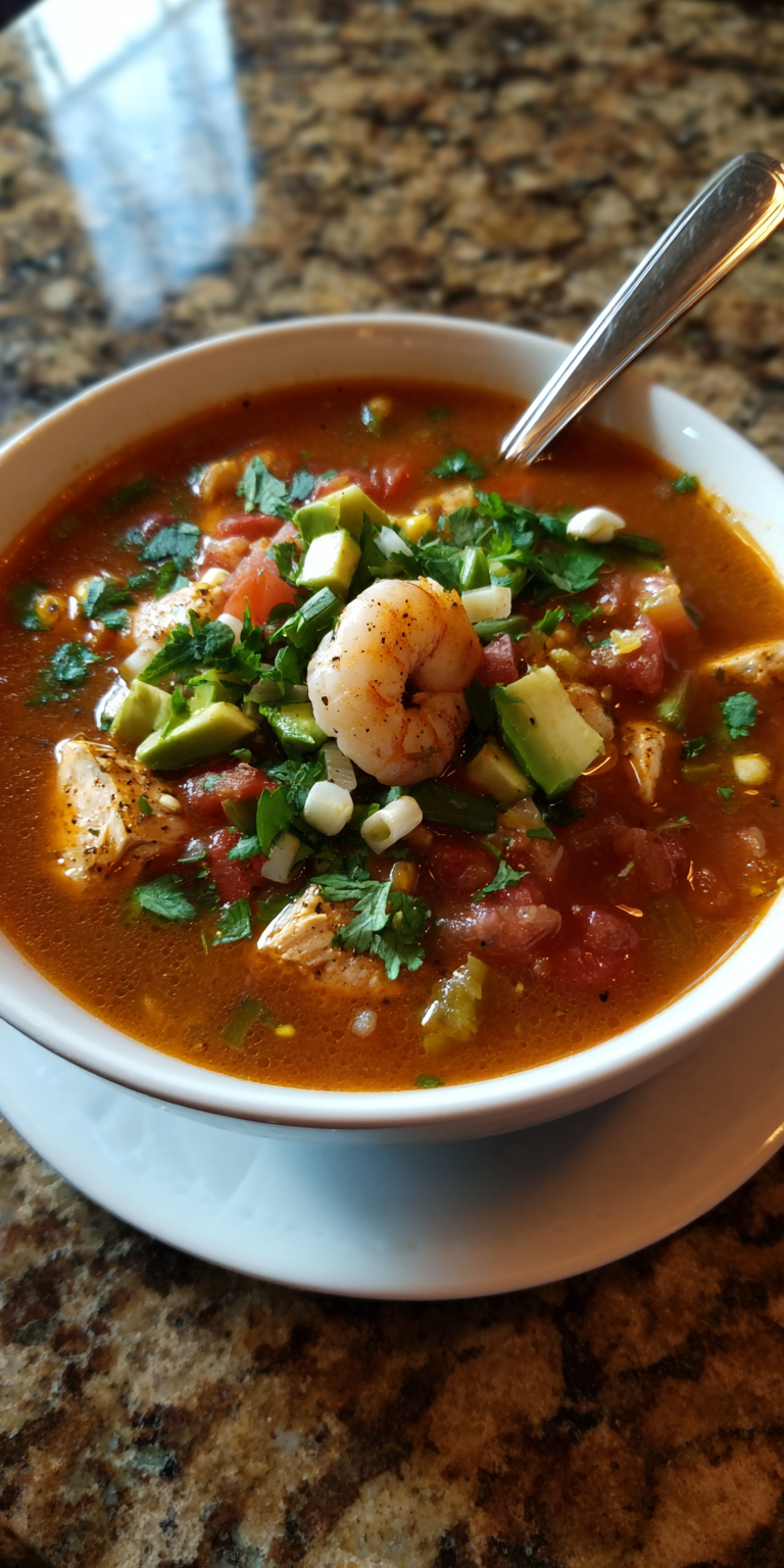 Roasted Poblano Chicken & Shrimp Taco Soup served warm with cozy spices