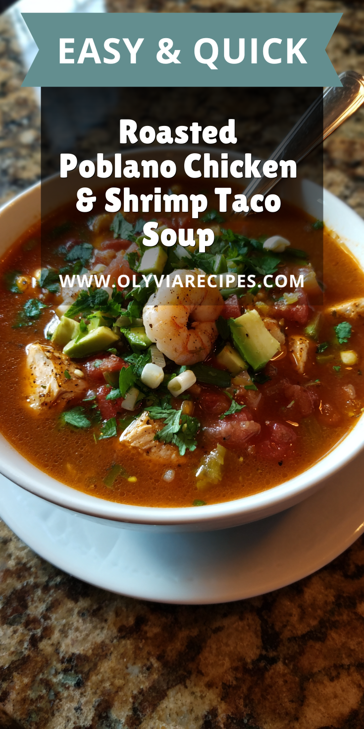 Roasted Poblano Chicken & Shrimp Taco Soup served warm with cozy spices