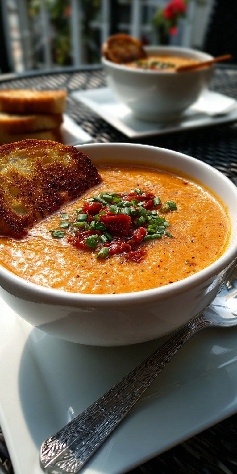 Roasted Red Pepper & Cajun Potato Soup served warm with cozy spices