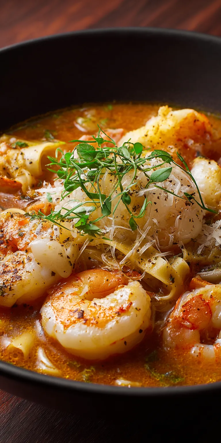 Seafood Medley Lasagna Soup (Shrimp, Scallop, Crab) served warm with cozy spices