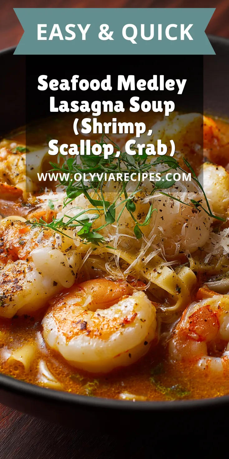 Seafood Medley Lasagna Soup (Shrimp, Scallop, Crab) served warm with cozy spices