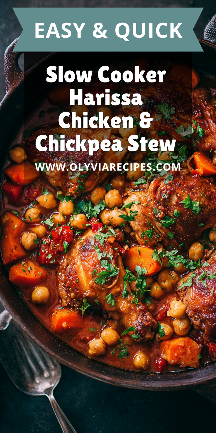 Slow Cooker Harissa Chicken & Chickpea Stew served warm with cozy spices
