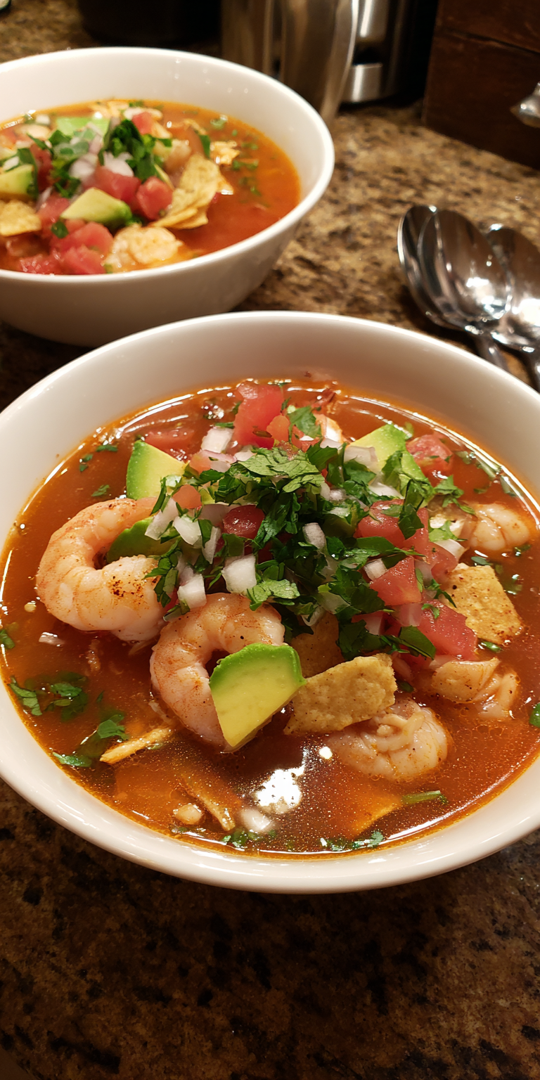 Smoky Chipotle Chicken & Shrimp Tortilla Soup served warm with cozy spices