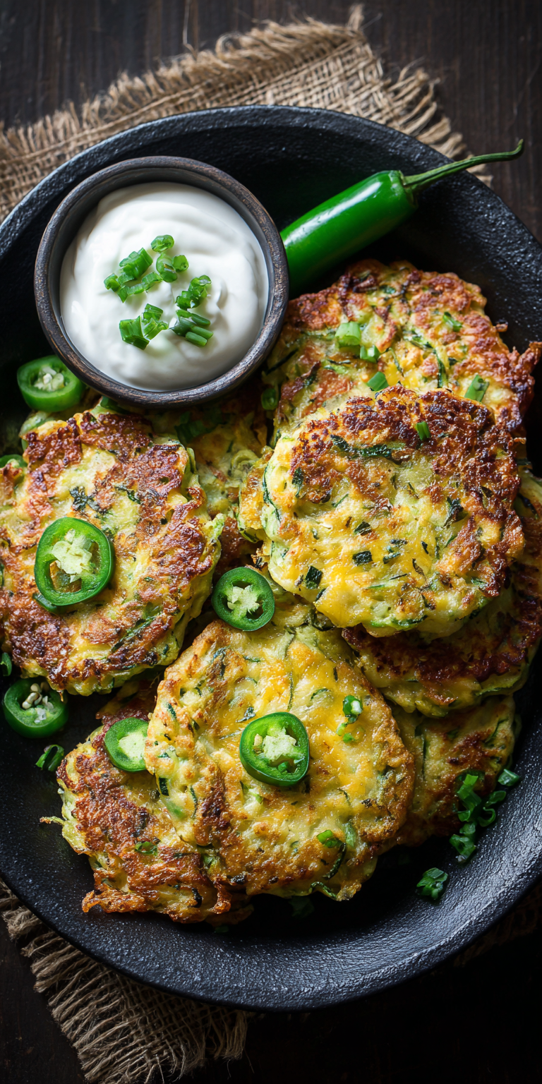 Spicy Jalapeño & Cheddar Zucchini Fritters served warm with cozy spices
