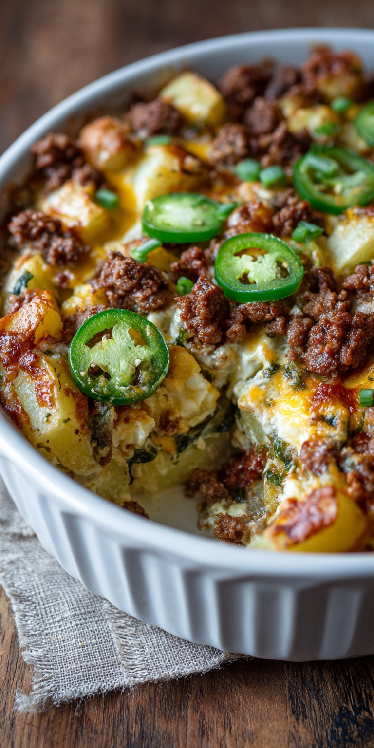 Spicy Jalapeño Popper Beef & Potato Casserole served warm with cozy spices