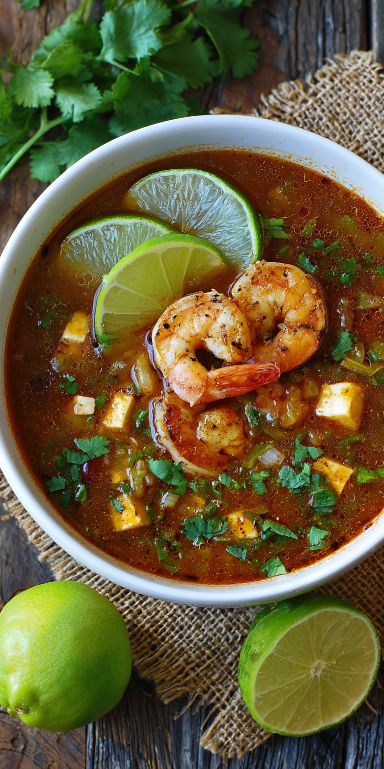 Zesty Lime & Cilantro Chicken Shrimp Taco Soup served warm with cozy spices