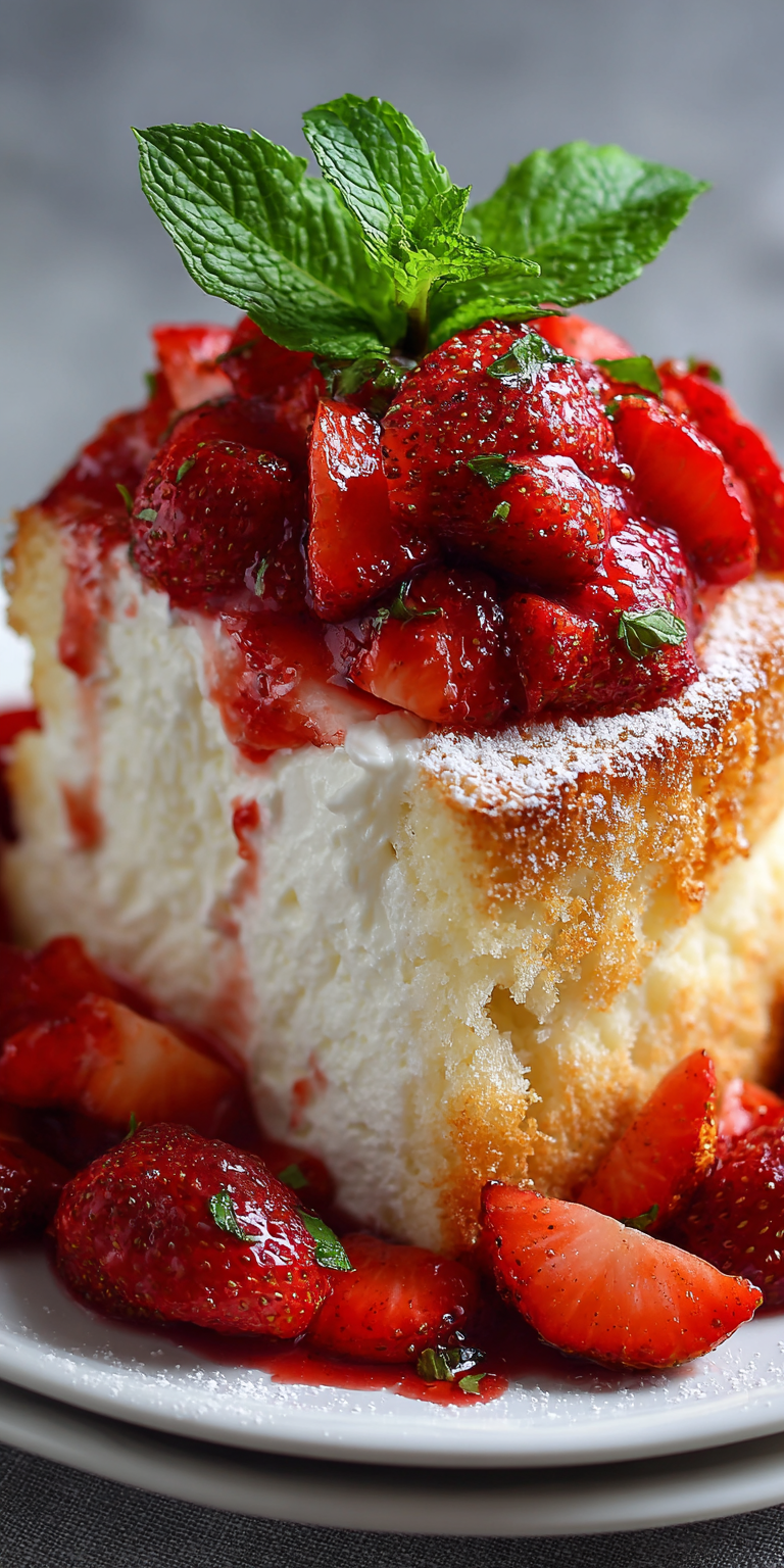 Angel Food Cake Strawberry Shortcake served warm with cozy spices