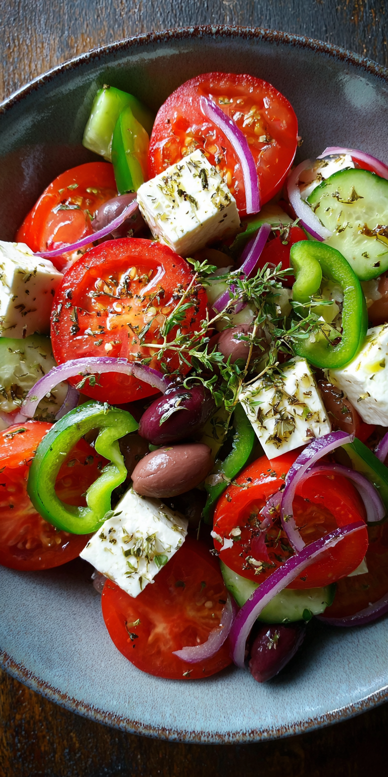 Authentic Greek Village Horiatiki Salad served warm with cozy spices