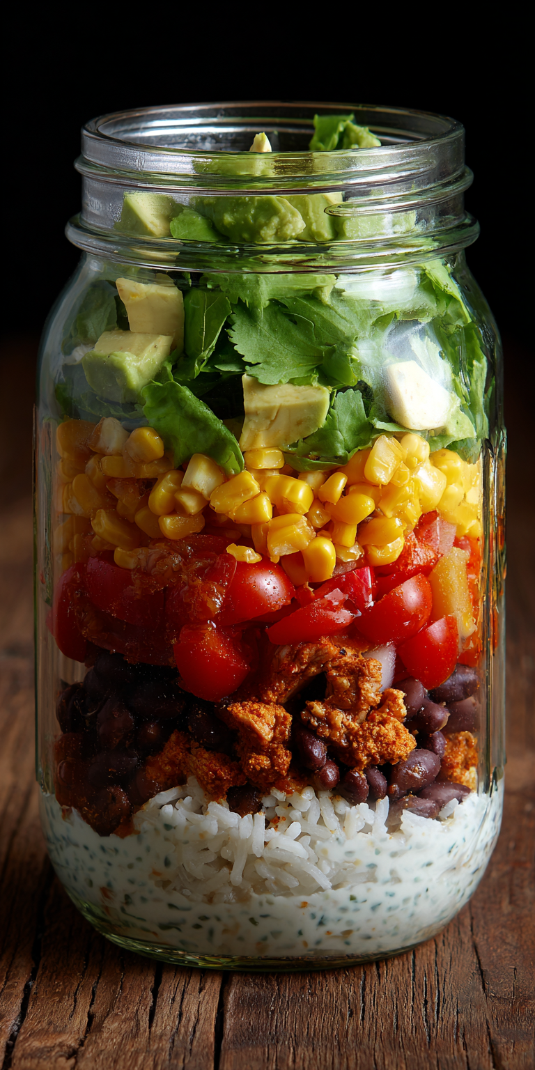 Burrito Bowl Mason Jar Healthy Lunch served warm with cozy spices