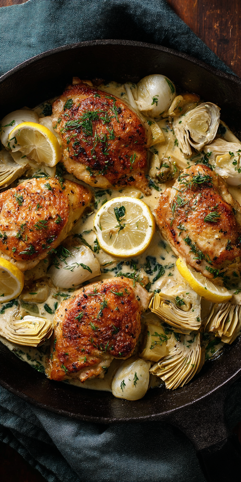 Chicken and Artichoke Skillet Dinner served warm with cozy spices