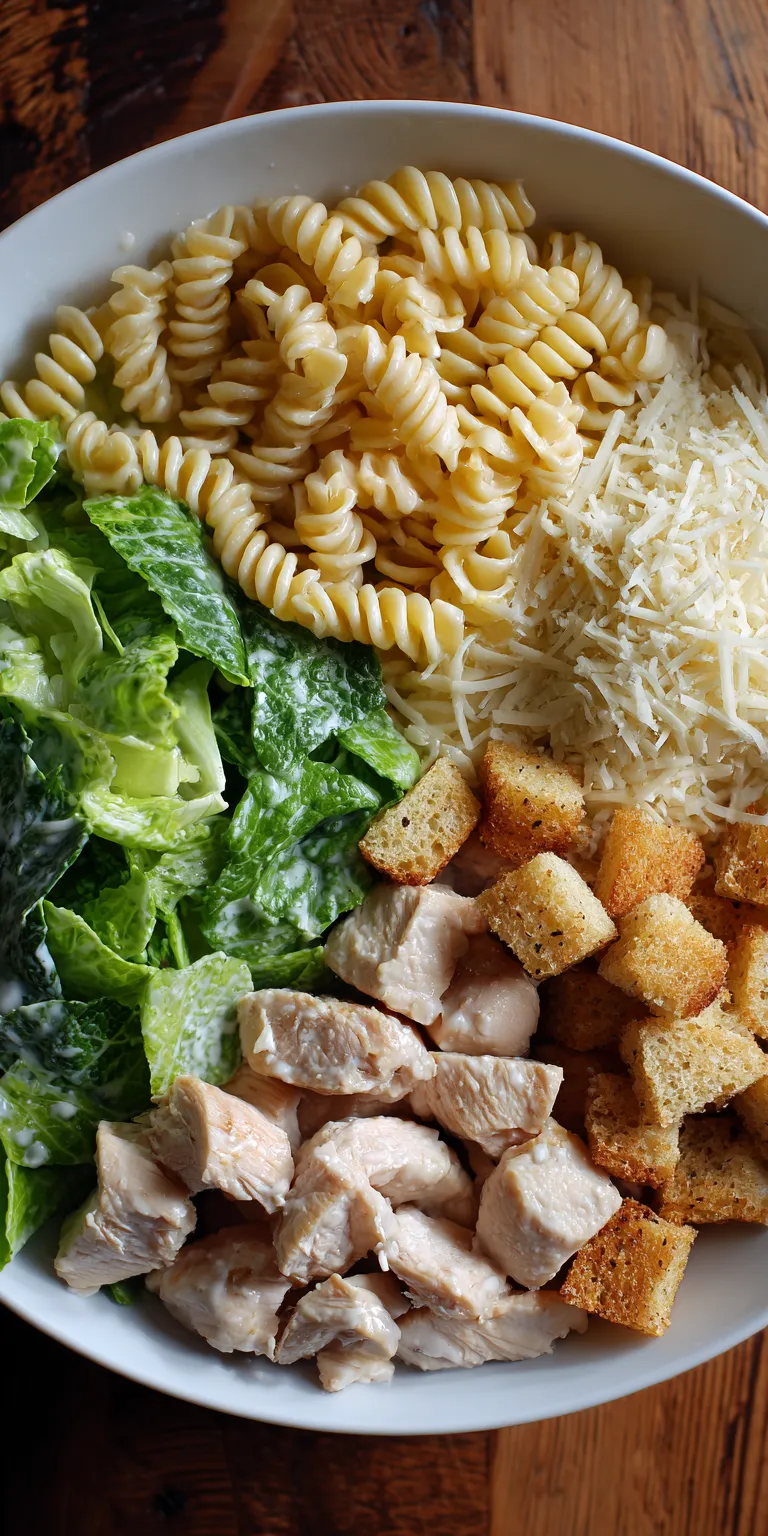 Chicken Caesar Pasta Salad Healthy Lunch served warm with cozy spices
