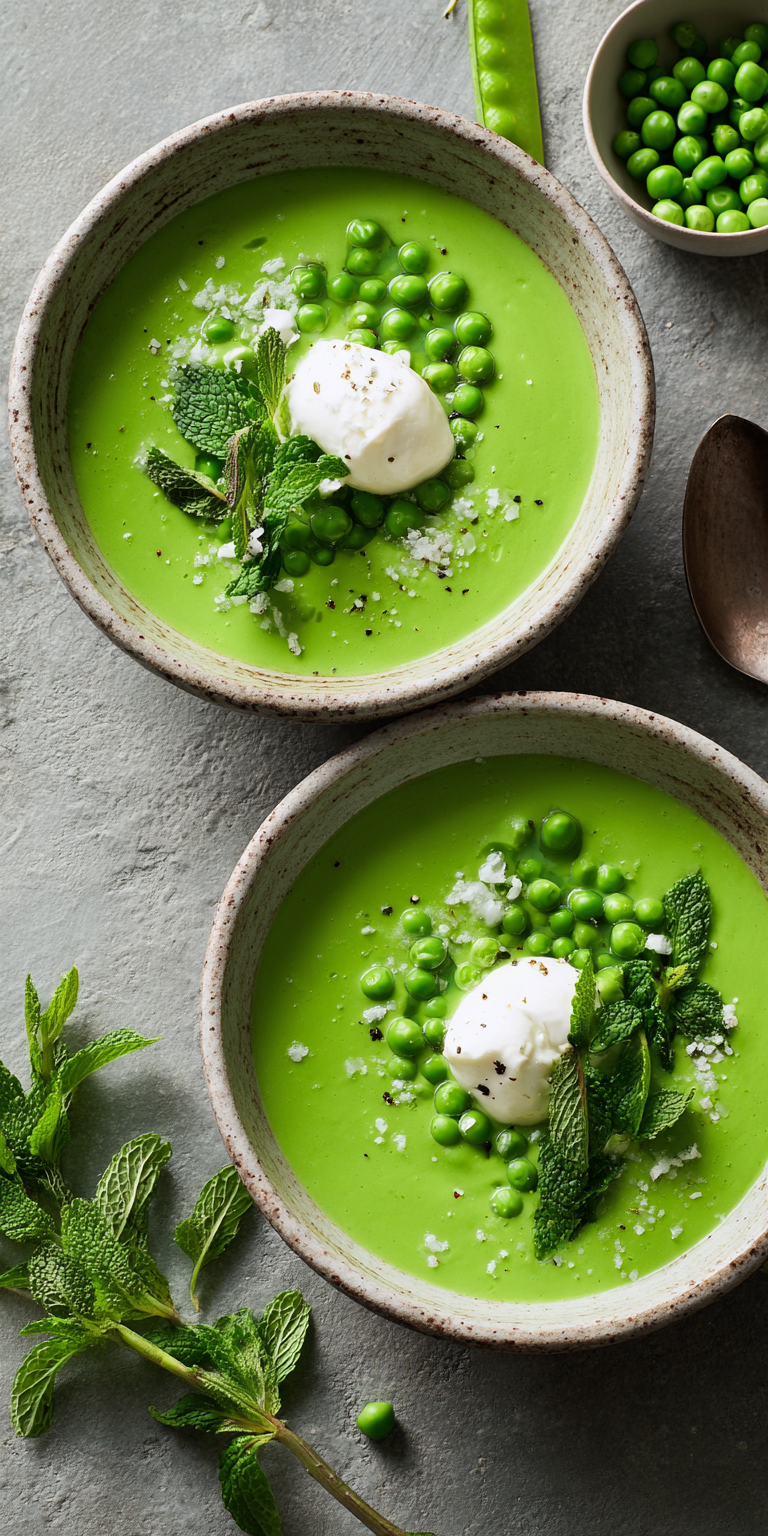 Chilled Spring Pea & Mint with Burrata served warm with cozy spices