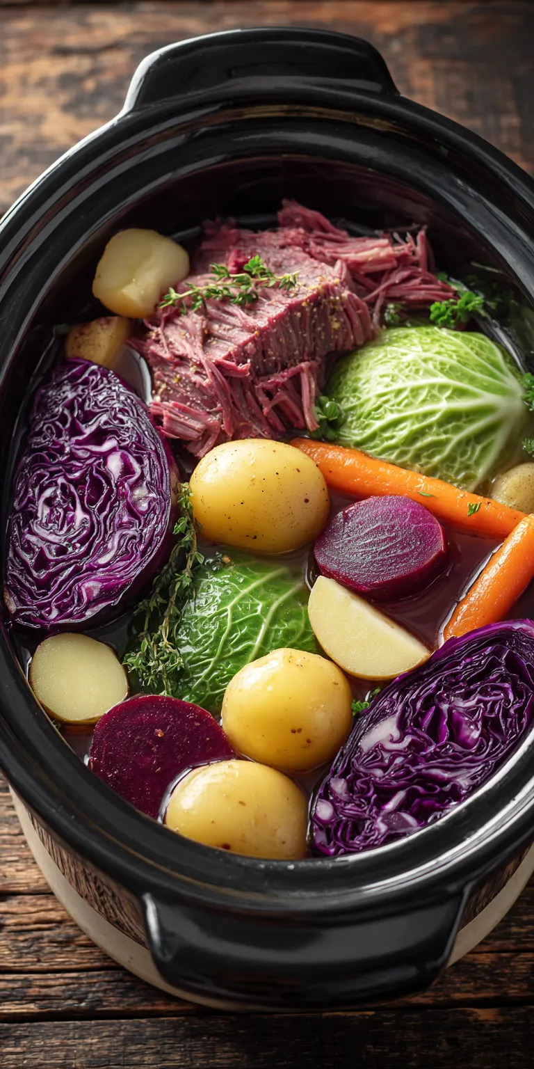 Classic Slow Cooker Corned Beef and Cabbage served warm with cozy spices