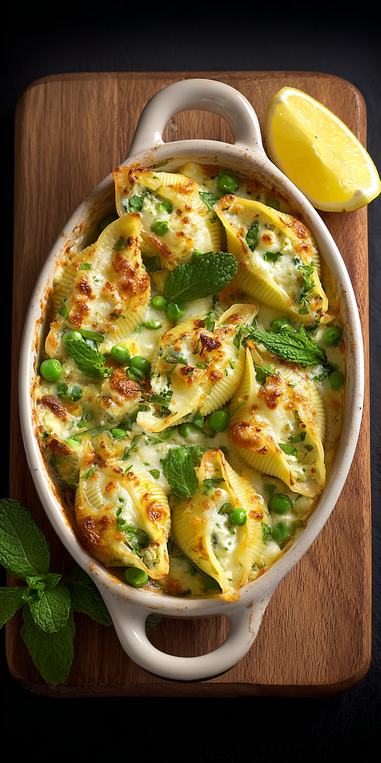Conchiglioni with ricotta and petits pois served warm with cozy spices