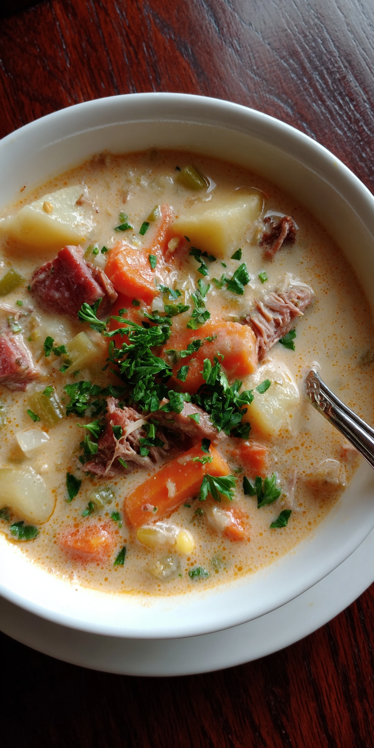 Corned Beef Potato Soup Chowder served warm with cozy spices
