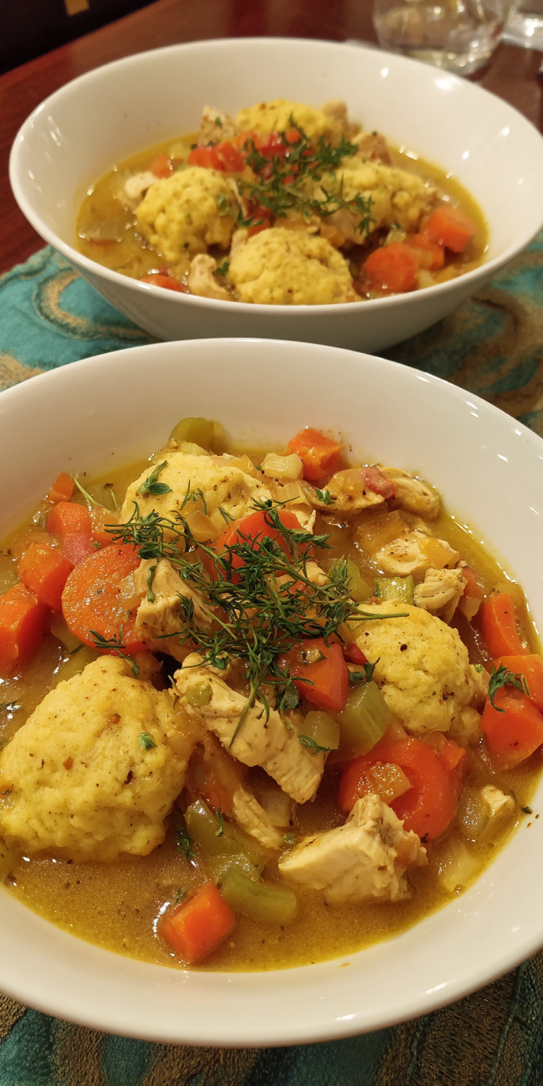Cornmeal Dumplings Chicken Stew served warm with cozy spices