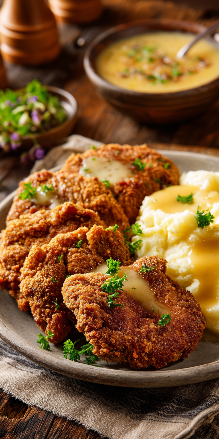 Country Fried Venison Steaks with Gravy served warm with cozy spices